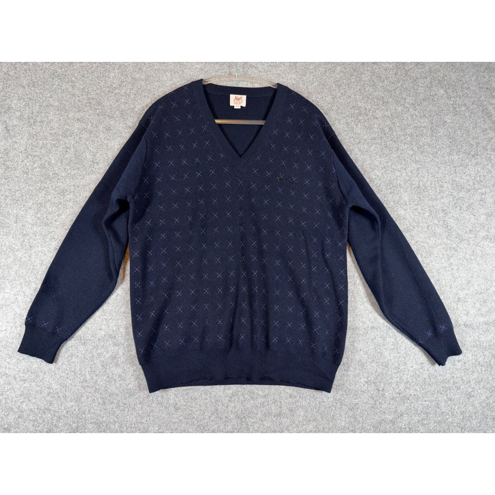 King Deer V-Neck Sweater Mens Medium Navy Blue Excellent 100% Cashmere Vintage